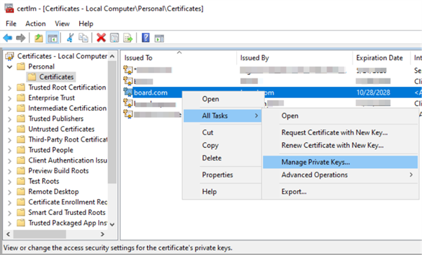 Certificate management interface showing options for managing private keys and certificates.