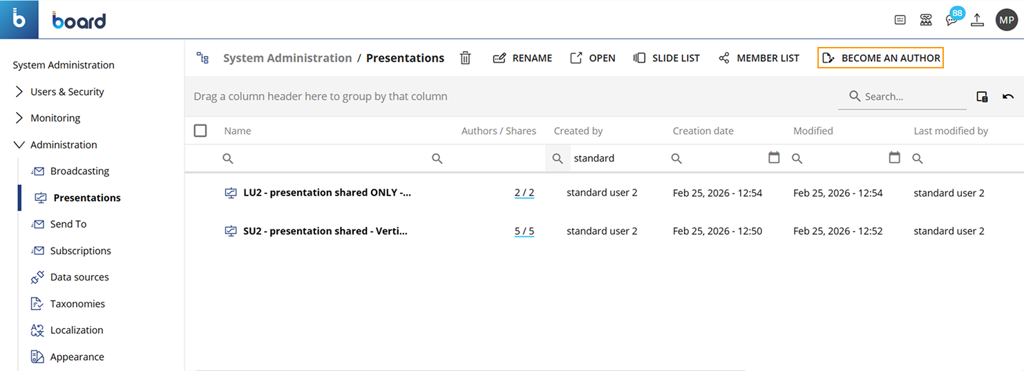 System administration interface displaying presentations with options to manage and create content.