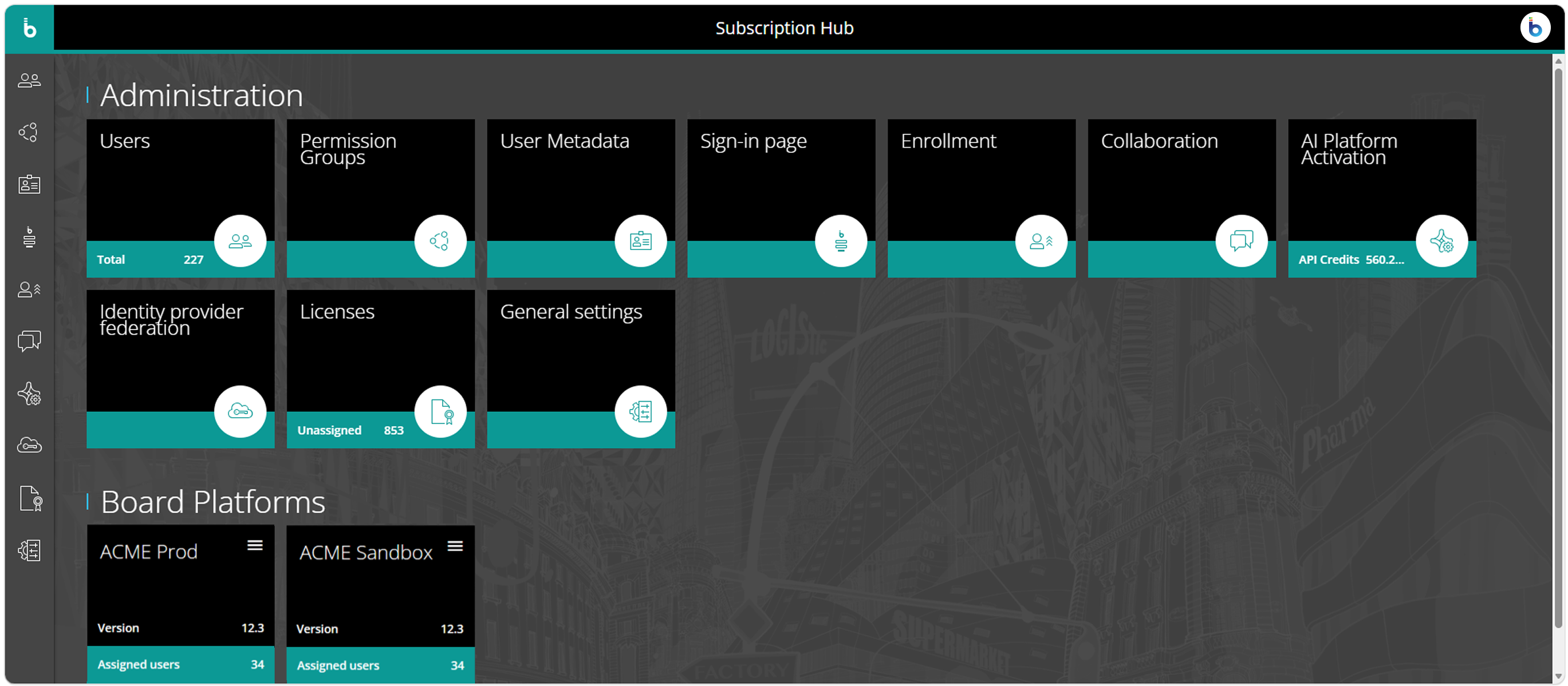 Administration dashboard displaying user statistics and platform settings for management.