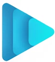 Stylized play button icon with layered shapes representing multimedia content.