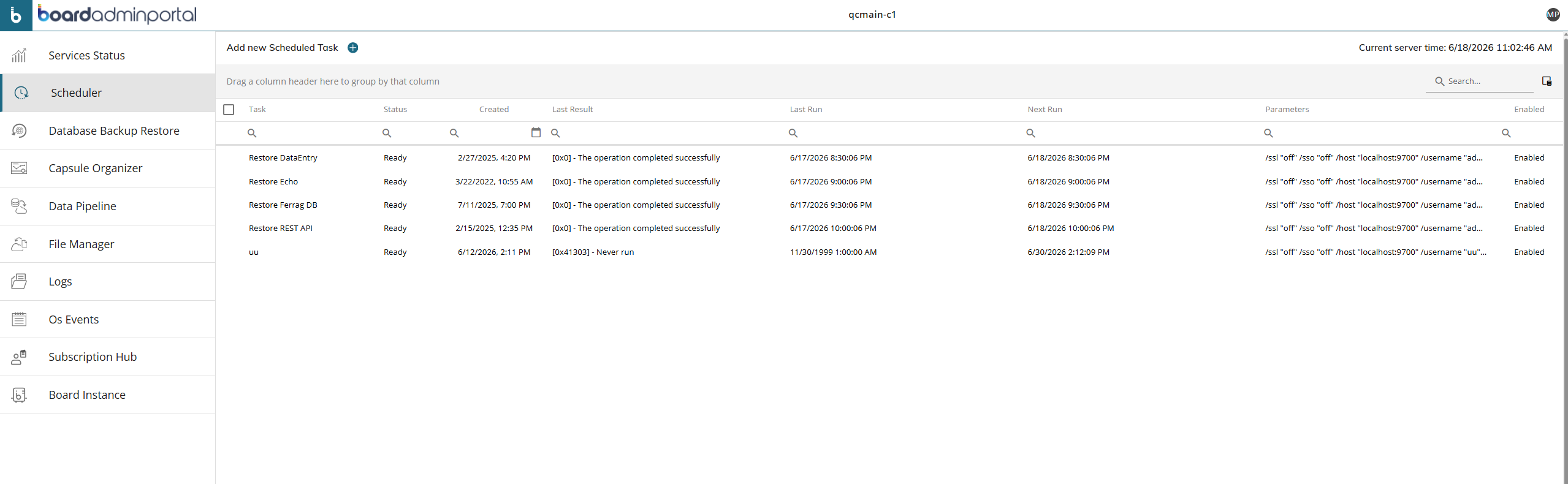 Scheduler interface displaying scheduled tasks and their statuses in a management portal.