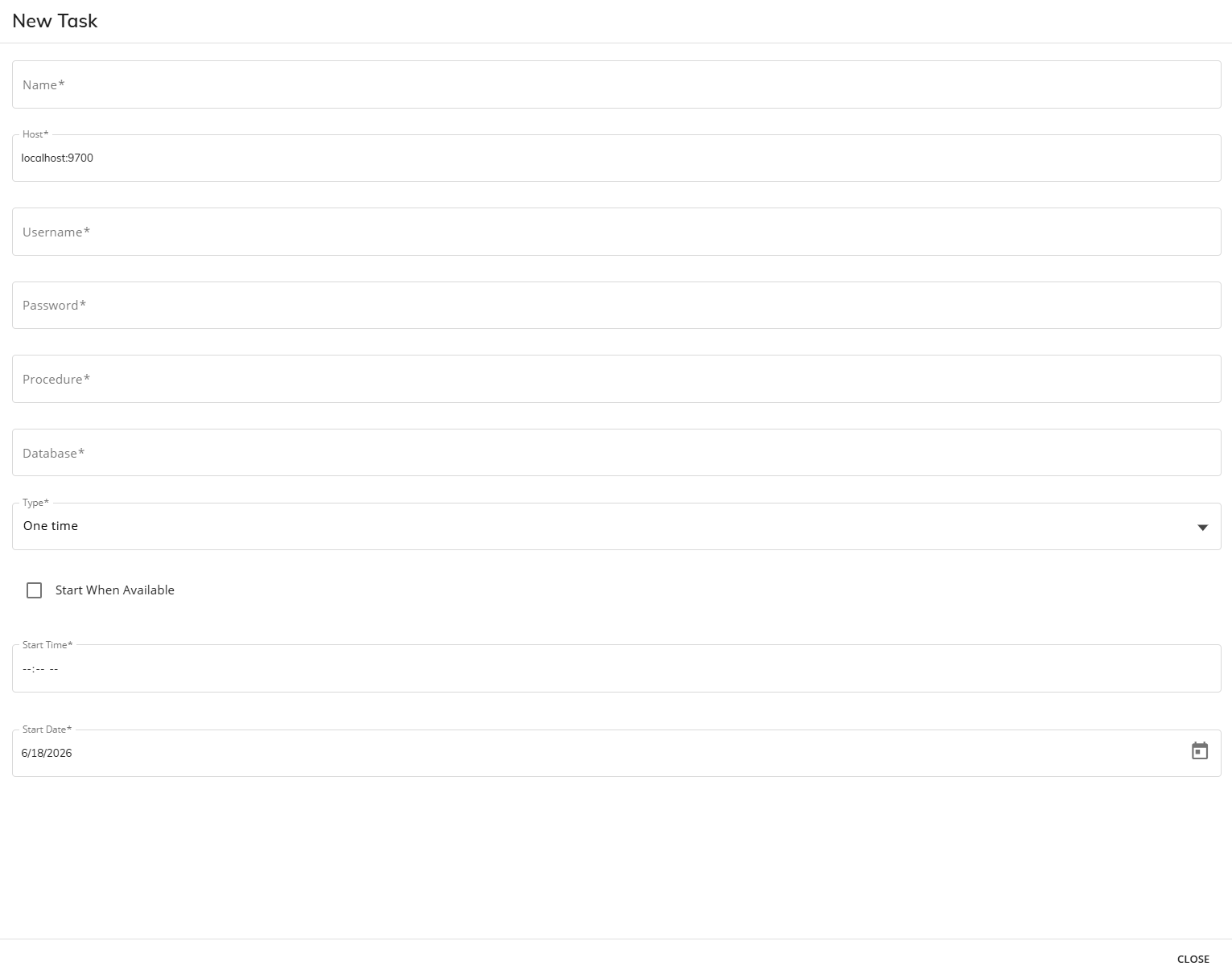Form fields for creating a new task including name, host, and start date.