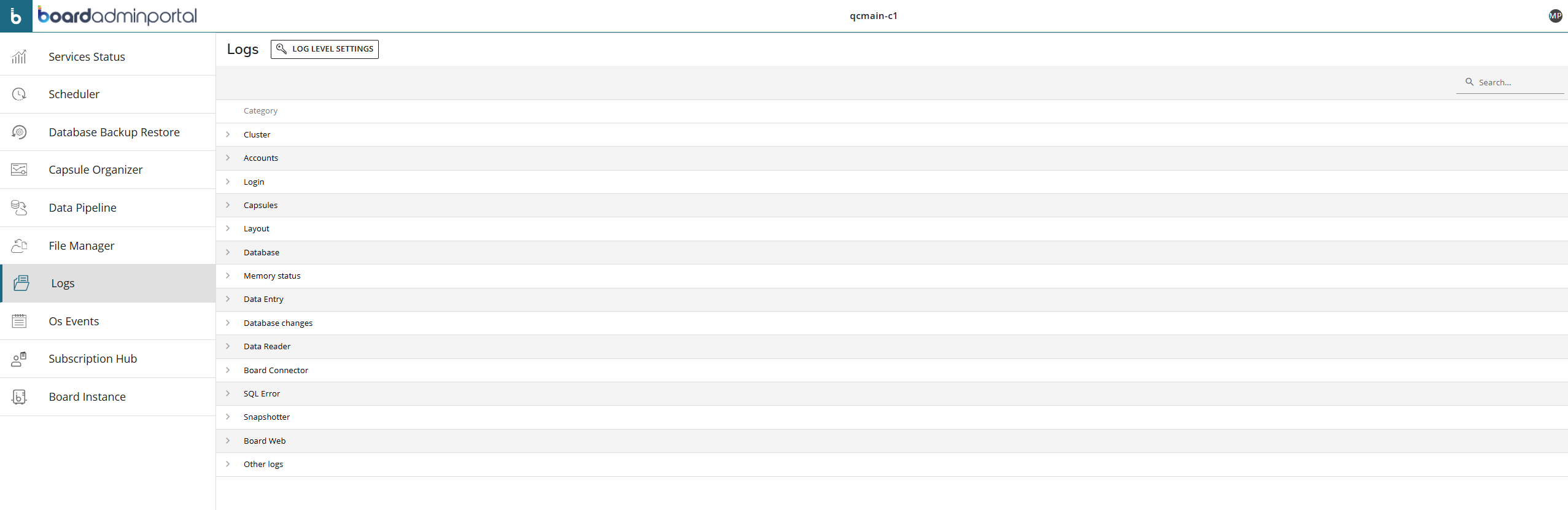 The interface displays various log categories for system management and monitoring.