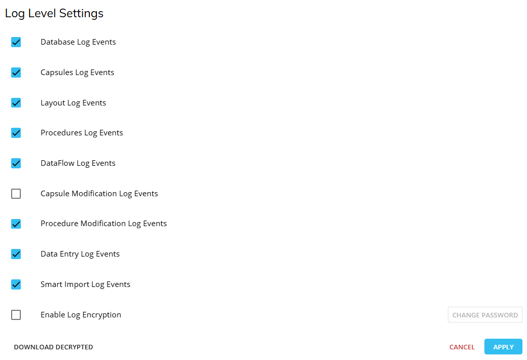 Log level settings with various options for database and event logging displayed.