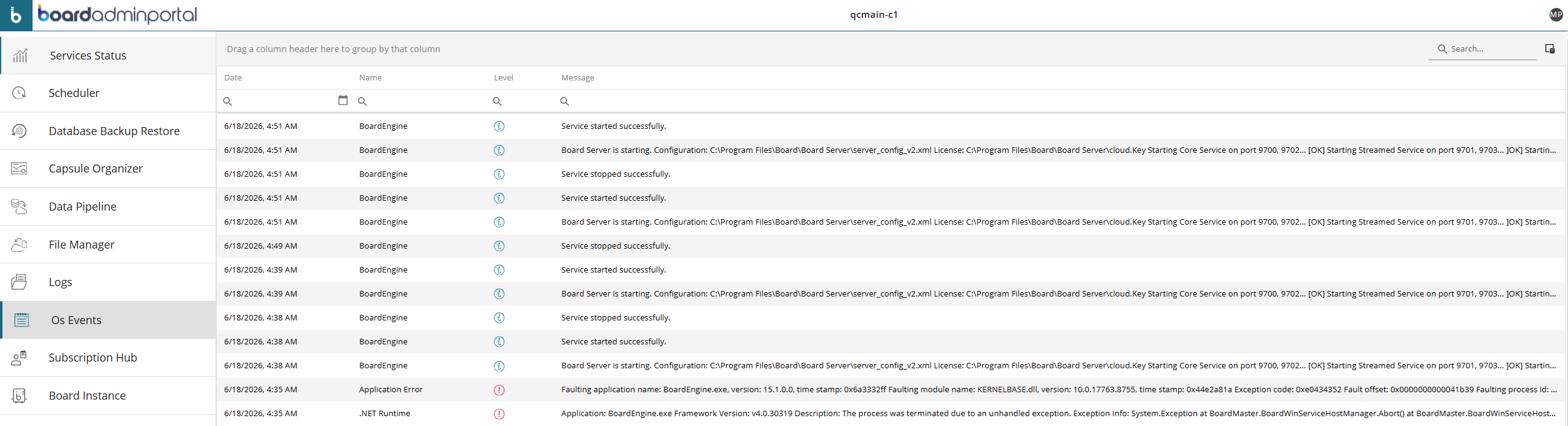 Log entries showing service status updates and errors in the admin portal interface.
