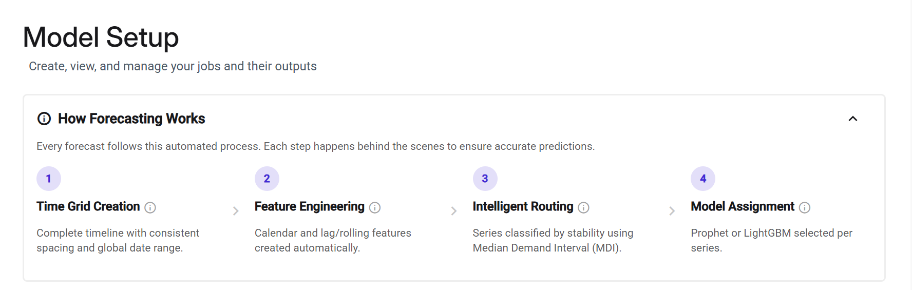 Overview of the forecasting process with steps for model setup and assignment.