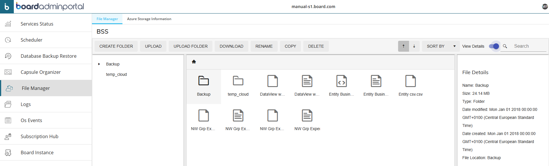 File Manager interface displaying folders and files with details on the right side.