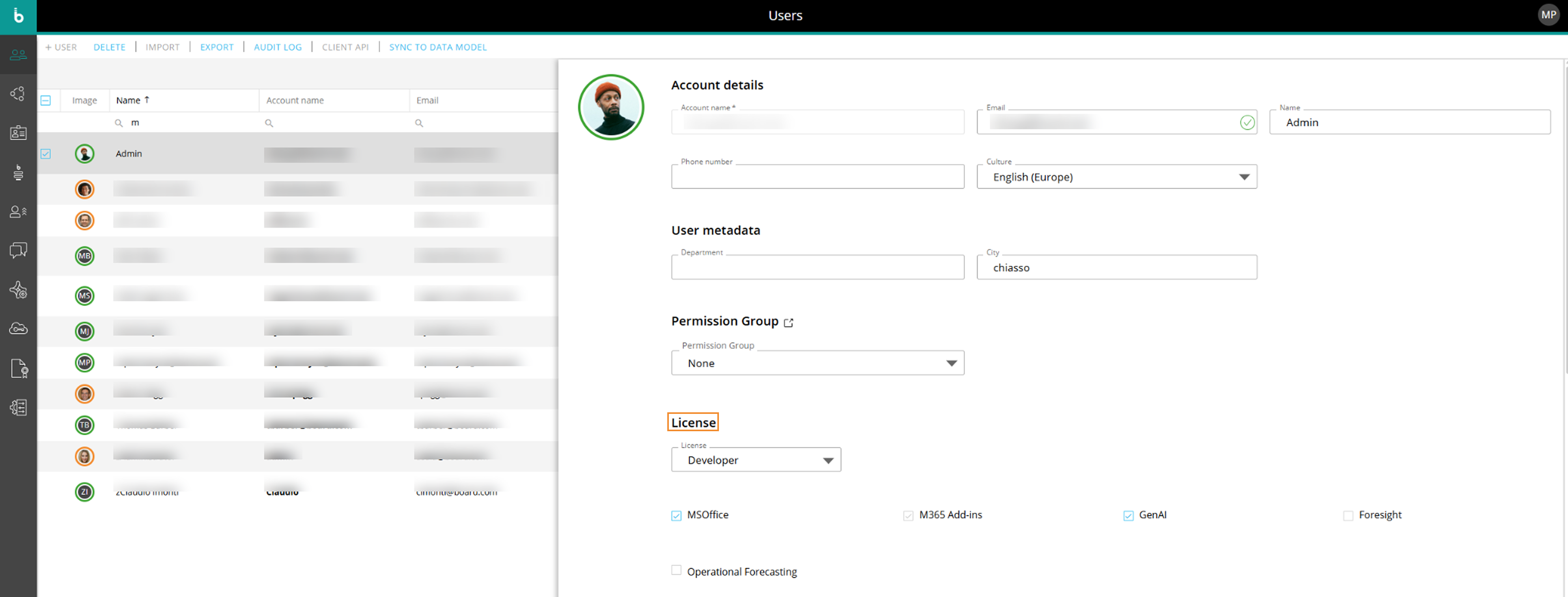 User management interface displaying account details and permission settings for an admin user.