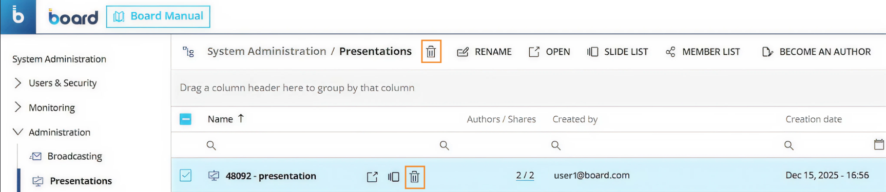 System administration interface showing presentations with options to rename and delete.
