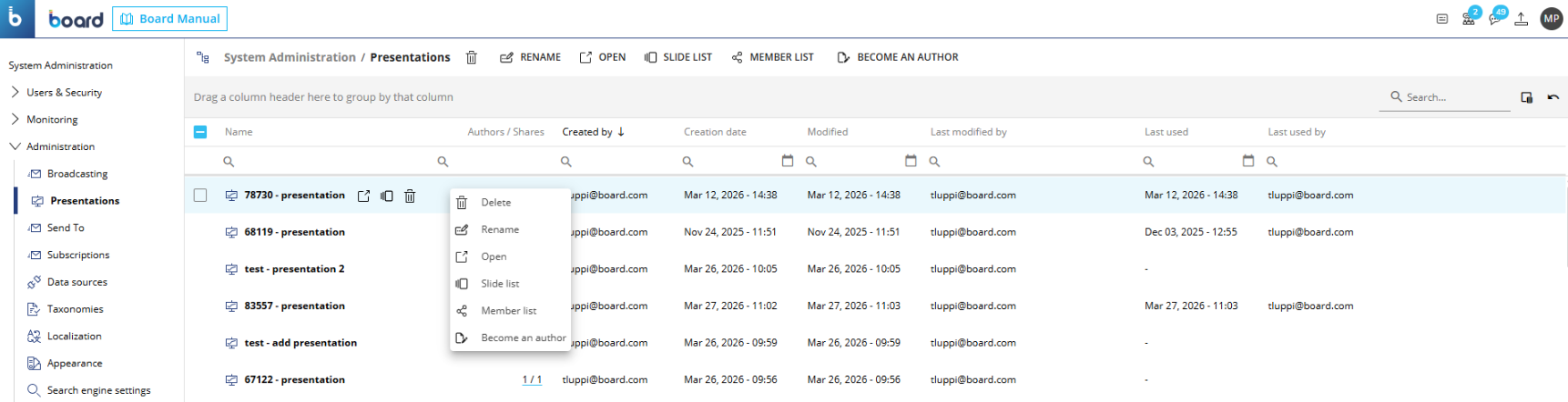 Presentation management interface showing options to rename, delete, and open presentations.
