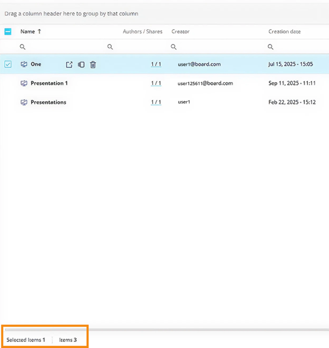 A file management interface showing selected items and their details in a list.