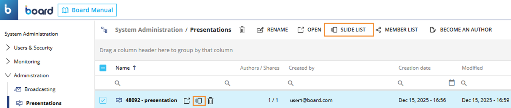 System administration interface displaying presentations with options for managing slides.