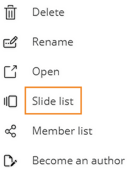 Menu options including highlighted 'Slide list' for document management features.