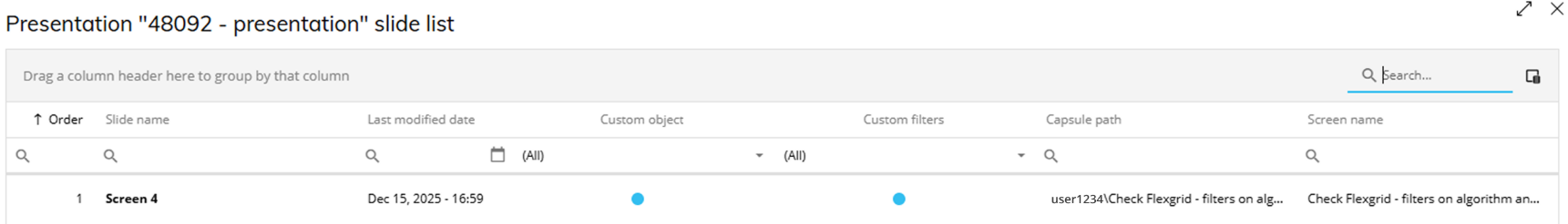 List of presentation slides with details on order, names, and modification dates.