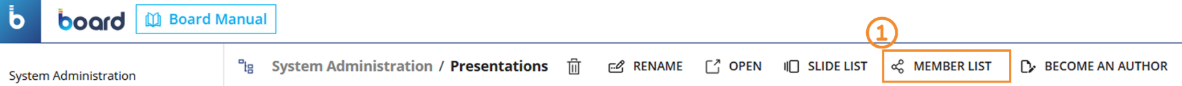 System administration interface showing options for presentations and member list access.