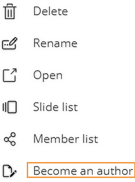 Menu options including 'Become an author' highlighted among other actions.