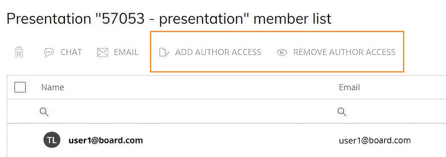 Member list for presentation with options to add or remove author access.