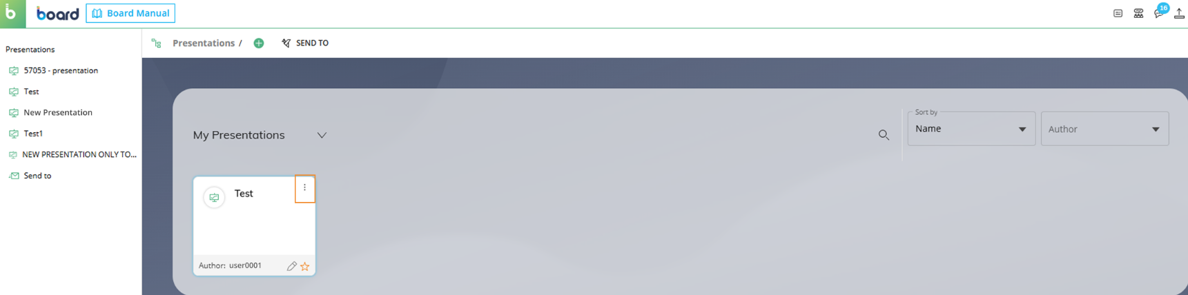 User interface displaying presentations with options to sort and manage files.
