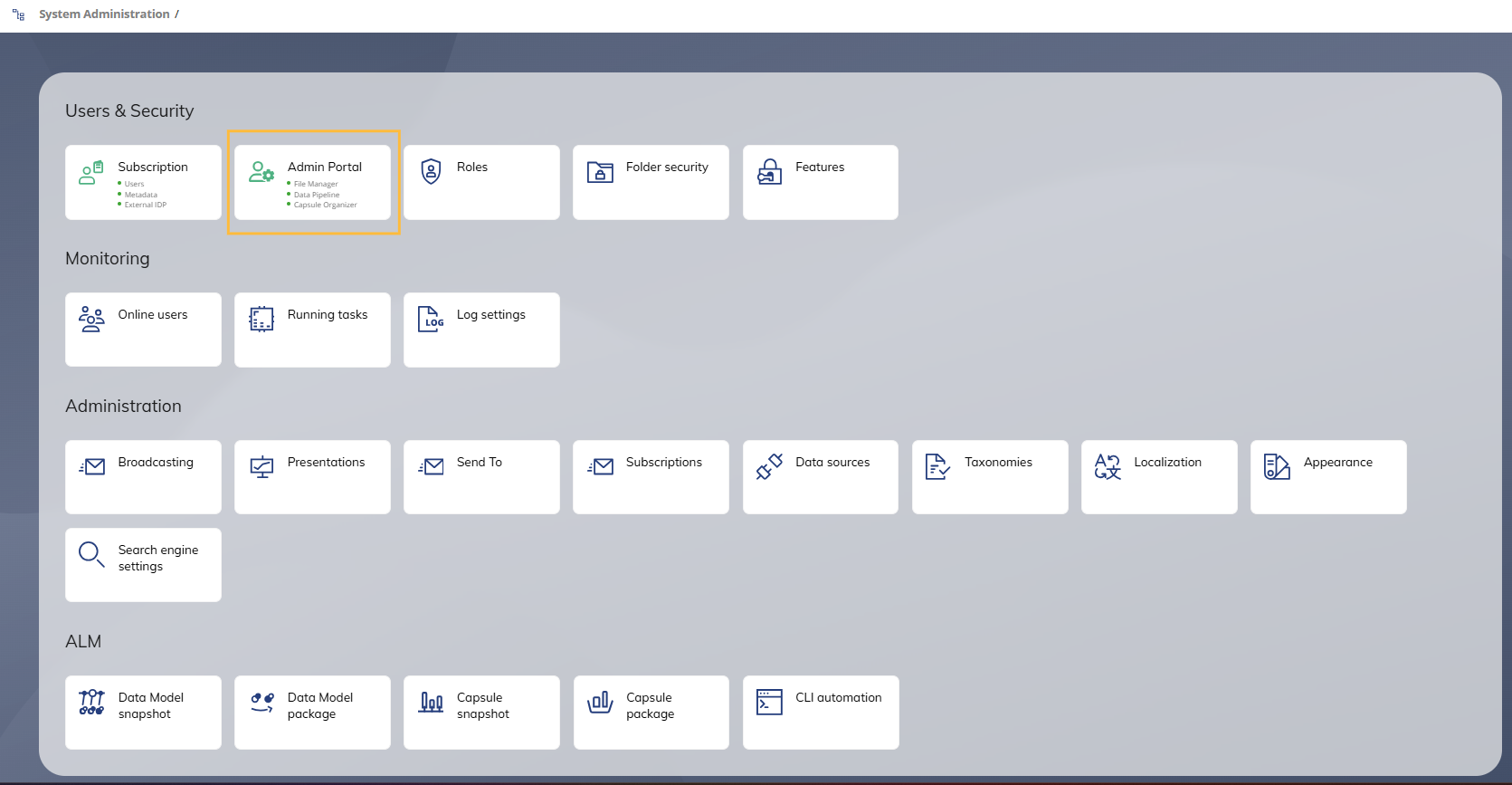 Admin Portal highlighted in system administration interface with various management options.