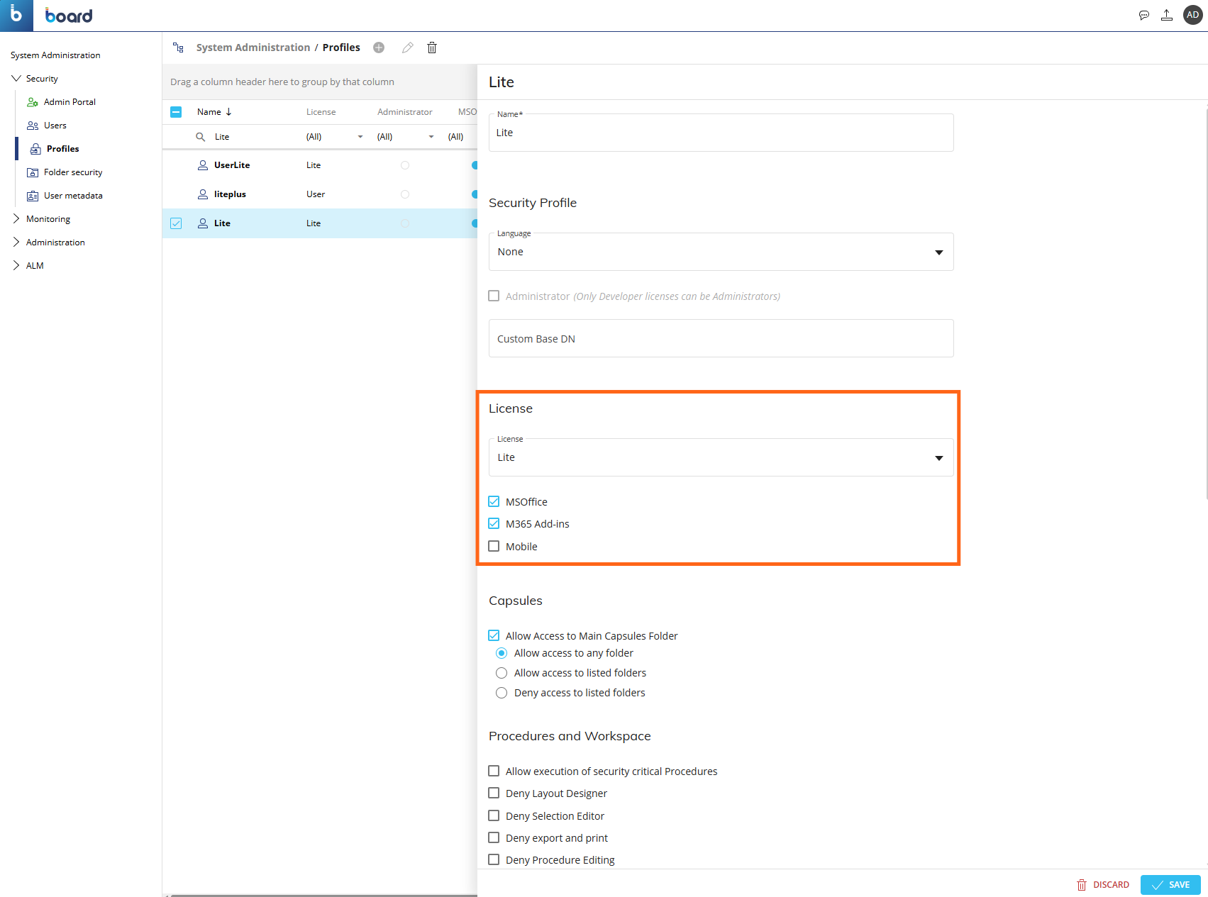 User profile settings in a system administration interface with various options displayed.