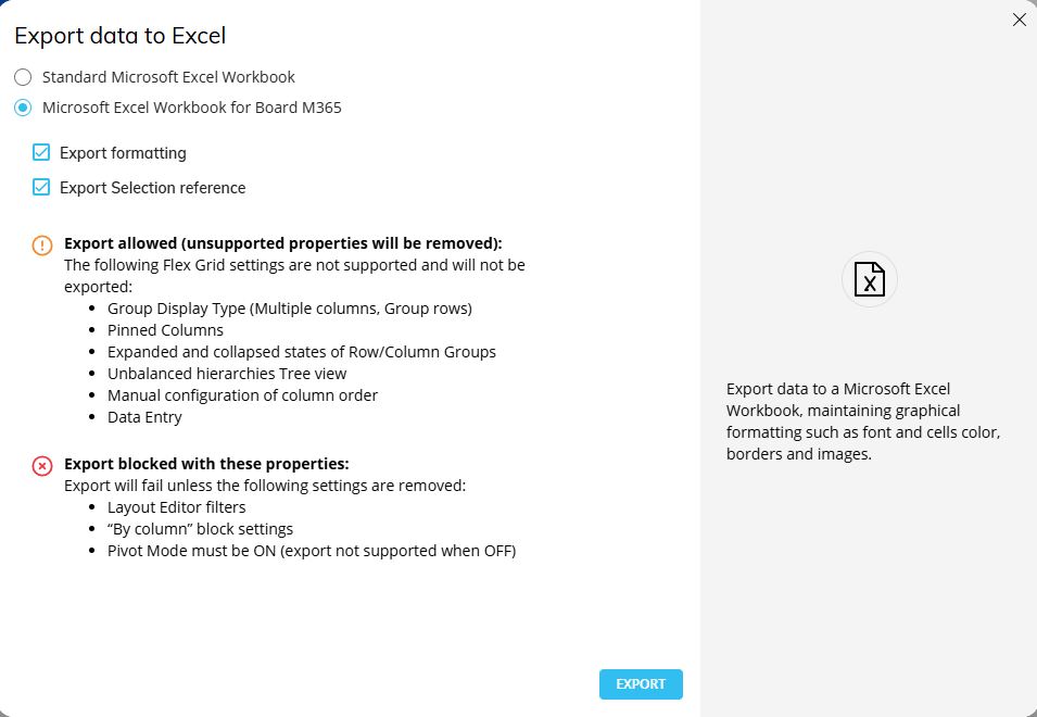 Instructions for exporting data to Excel with allowed and blocked properties listed.