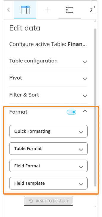 Settings menu for configuring table formats and templates in data editing interface.