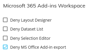 Microsoft 365 Add-ins Workspace with options to deny various features, including MS Office export.