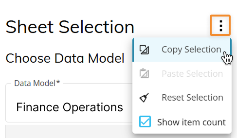 Sheet Selection dropdown menu for copying a selection.