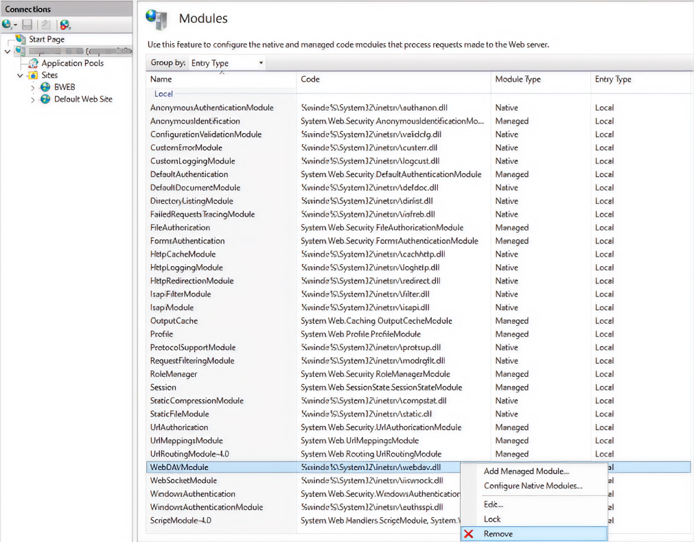 List of web server modules with options to add, edit, or remove modules.