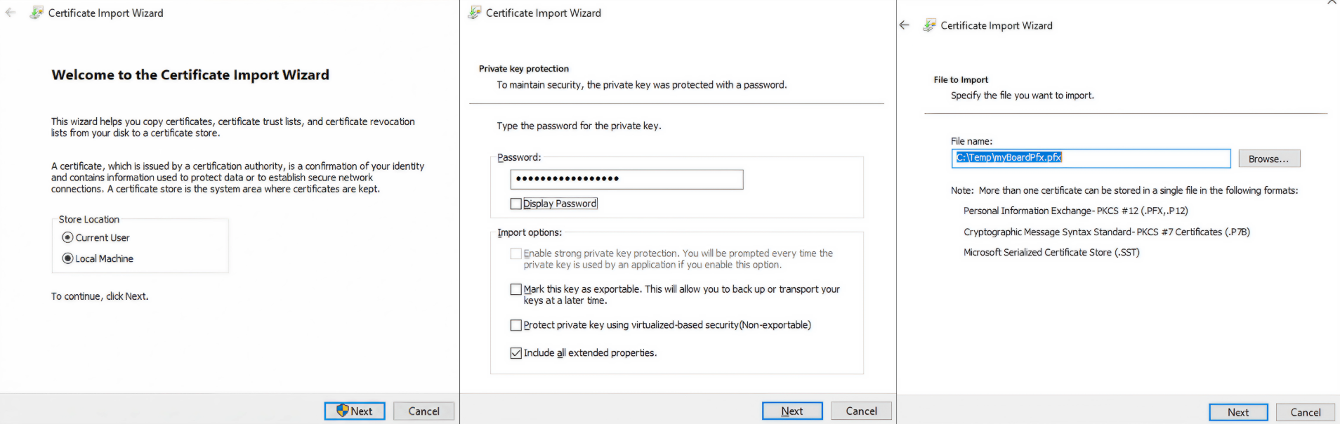 Certificate Import Wizard interface showing password entry and file import options.