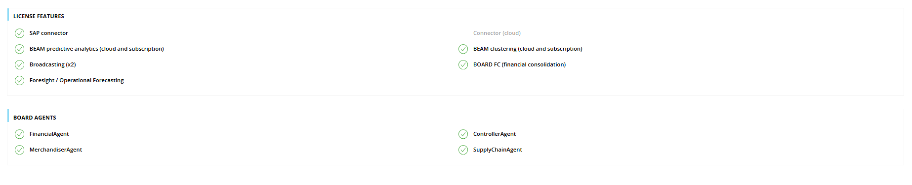 Overview of license features and board agents with checkmarks indicating availability.