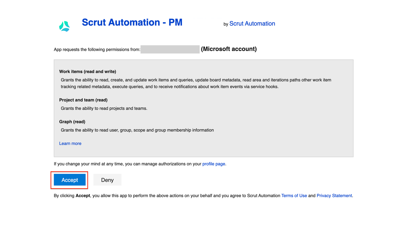 OAuth permissions screen showing Work items, Project and team, and Graph scopes