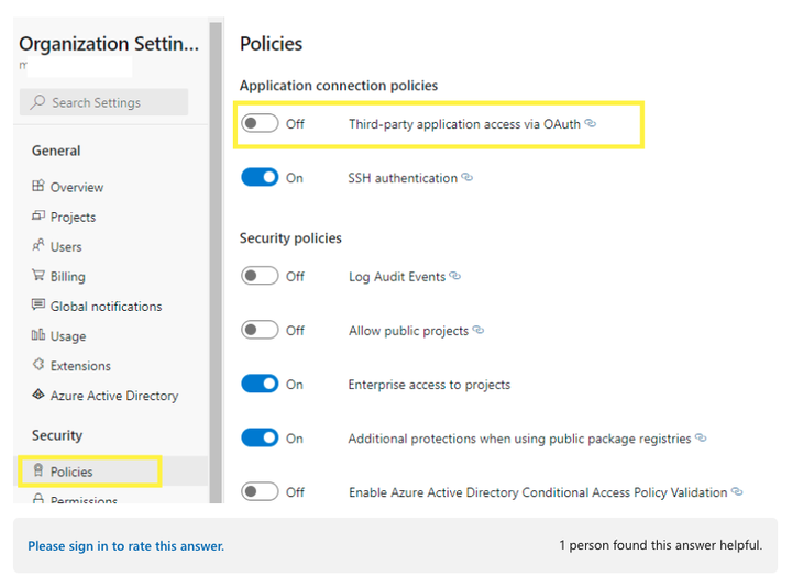 Azure DevOps Organization Settings Policies page showing Third-party application access via OAuth toggle