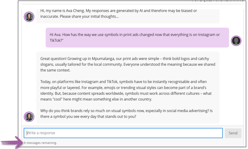 This screen cap indicates to students the remaining messages to engage with the AI Persona.