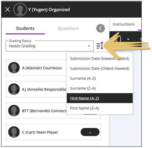This image indicates where you will click to sort the students differently.
