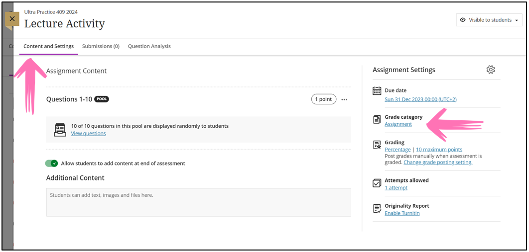 Access the Gradable Item's Content and Settings to display the category assigned to the item.