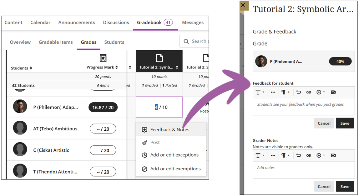 Feedback and notes when changing grades