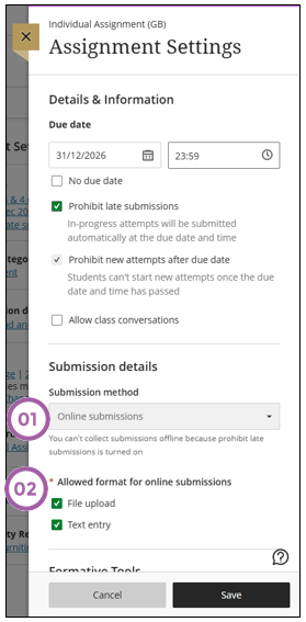 This screen indicates where you will now indicate if an assignment is offline or online. Also, if online, the type of submission is allowed.