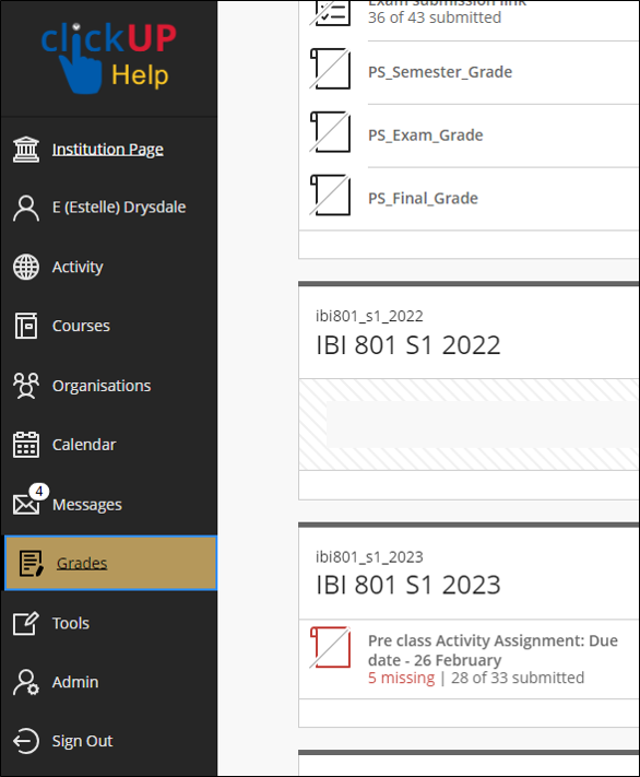 On the Base Navigation, click on the Grades option to view the list of courses and summary of needs grading items.