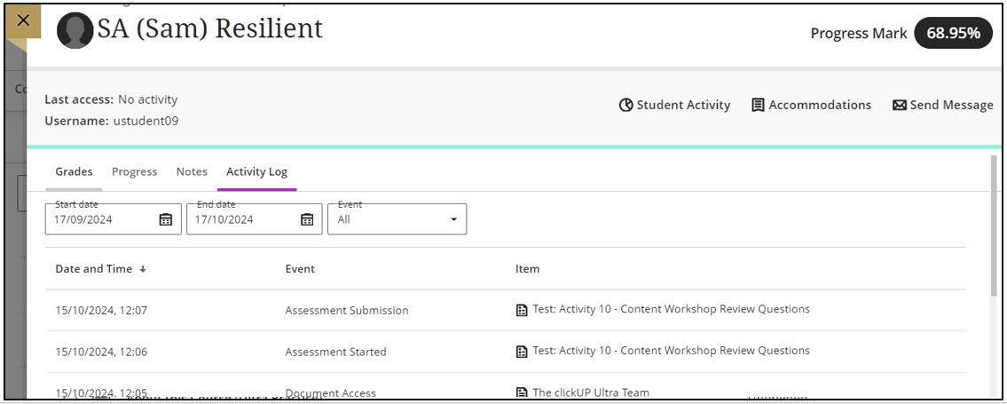 Gradebook: Student tab - activity log