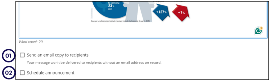 This image shows where to click to schedule an announcement and also send an email copy on the scheduled date.