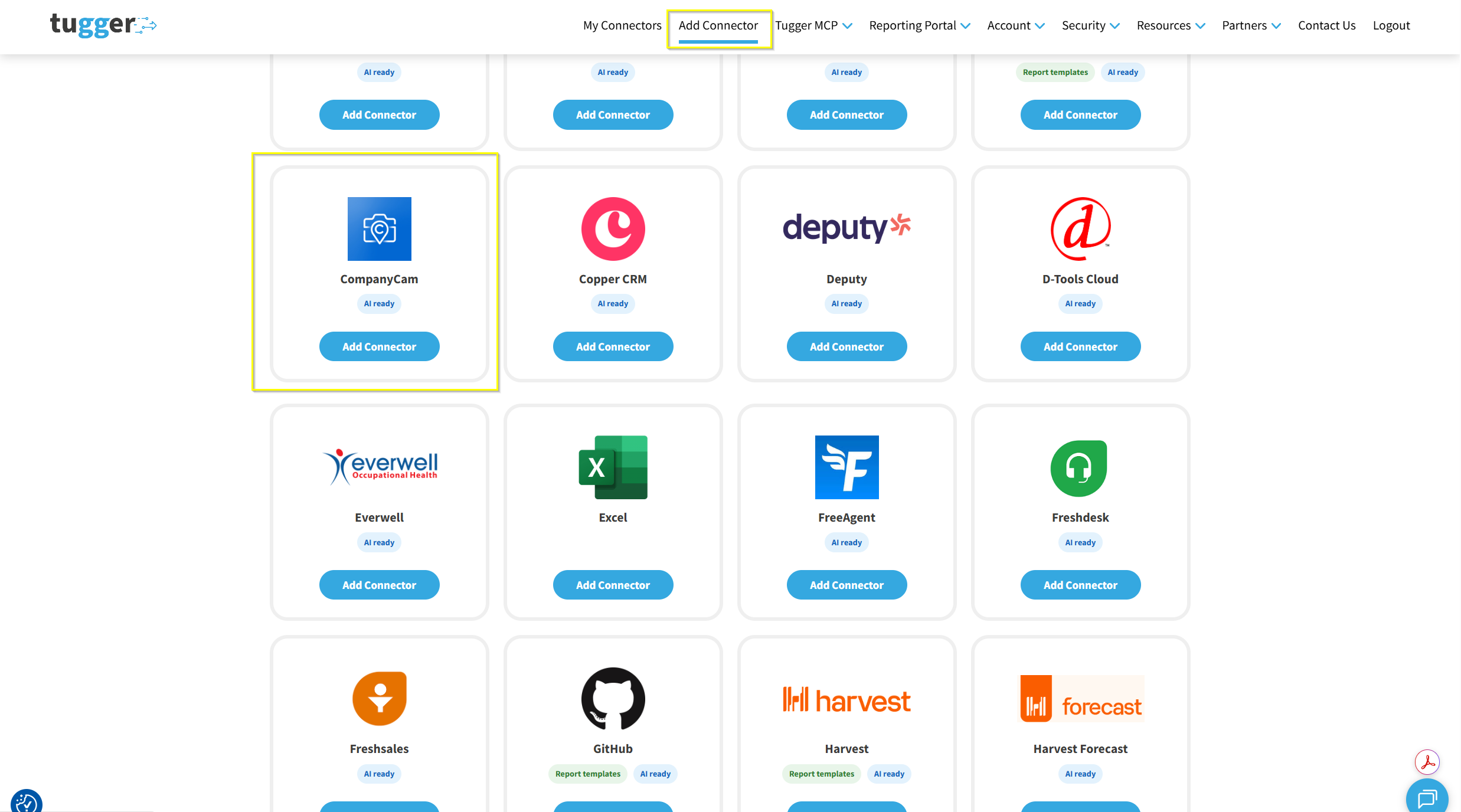 Screenshot: Add Connector screen with CompanyCam highlighted