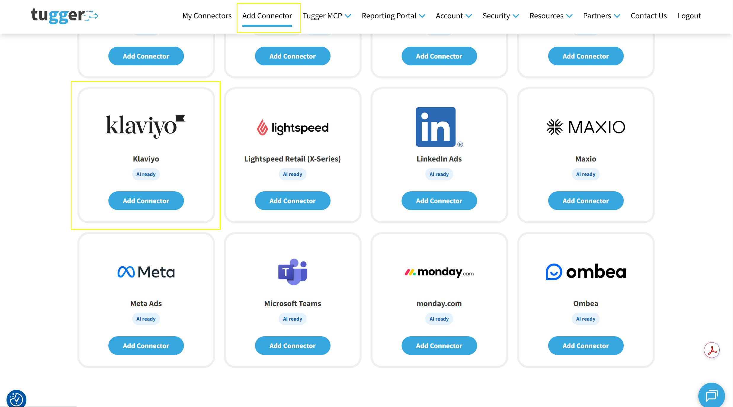 Screenshot: Add Connector screen with Klaviyo highlighted
