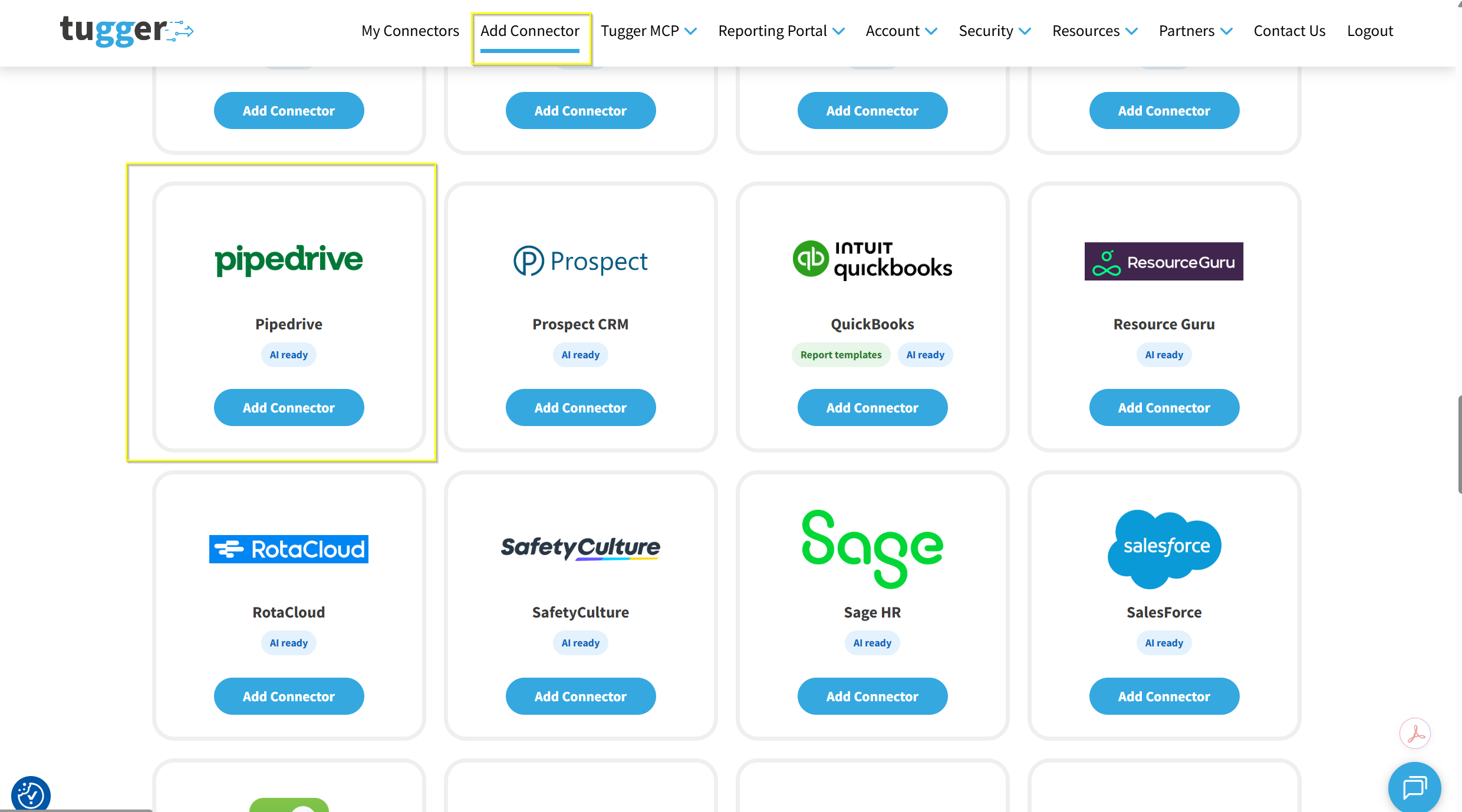 Screenshot: Add Connector screen with Pipedrive highlighted