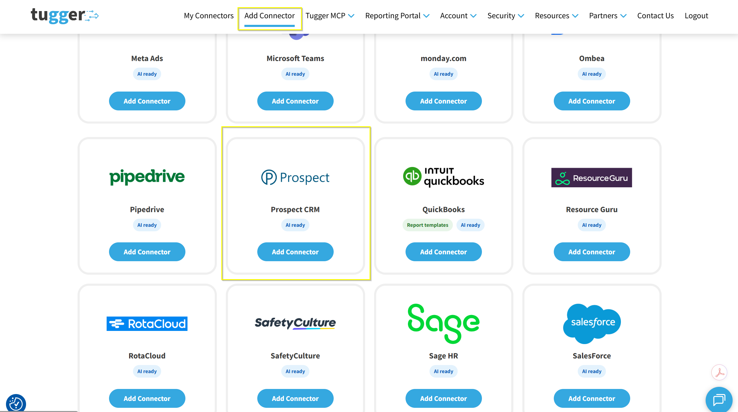 Screenshot: Add Connector screen with Prospect CRM highlighted