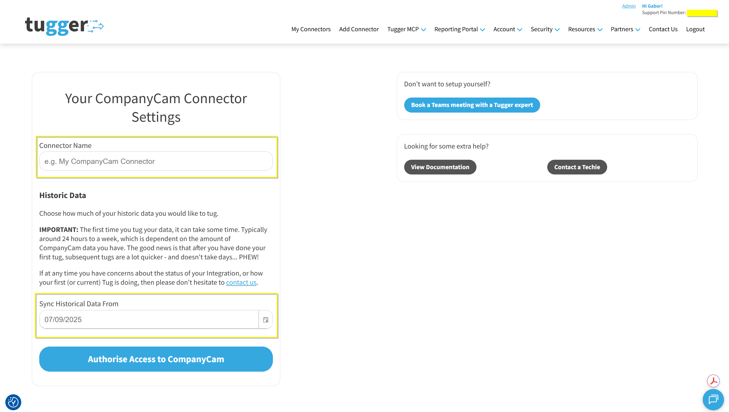 Screenshot: CompanyCam connector settings screen showing the Connector Name and Sync Historical Data From fields