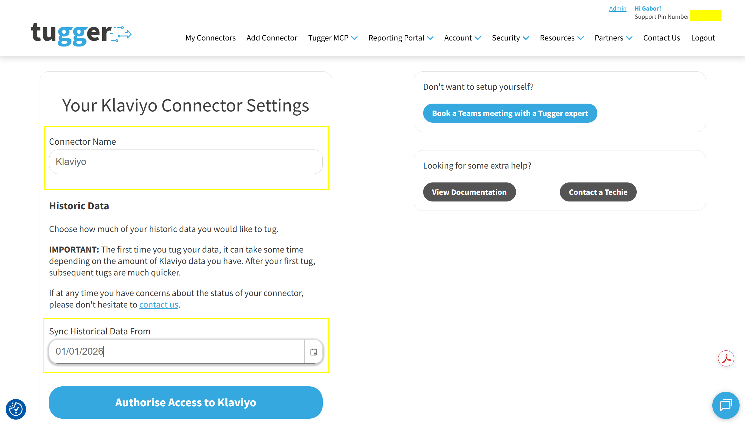 Screenshot: Klaviyo connector settings showing the Connector Name and Sync Historical Data From fields