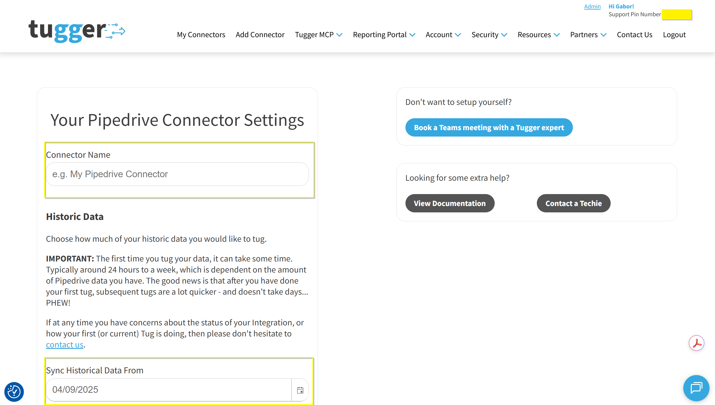 Screenshot: Pipedrive connector settings screen showing the Connector Name and Historic Data fields