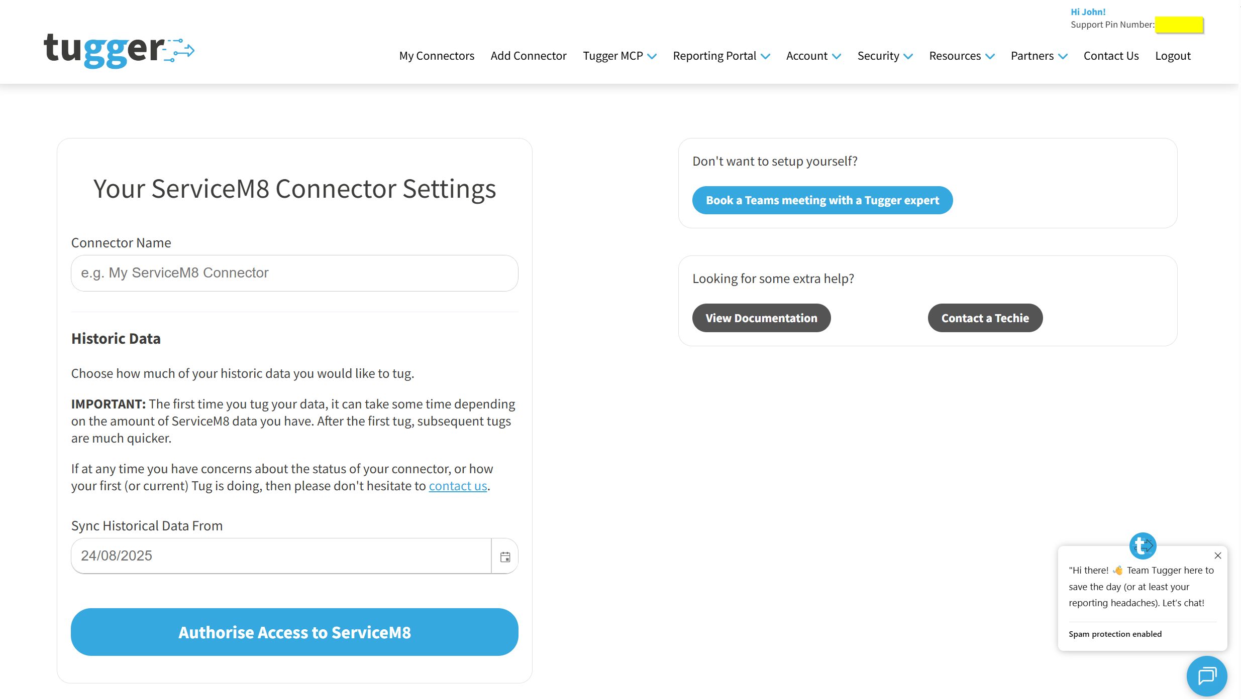 Screenshot: Connector configuration screen showing the Connector Name and Sync Historical Data From fields