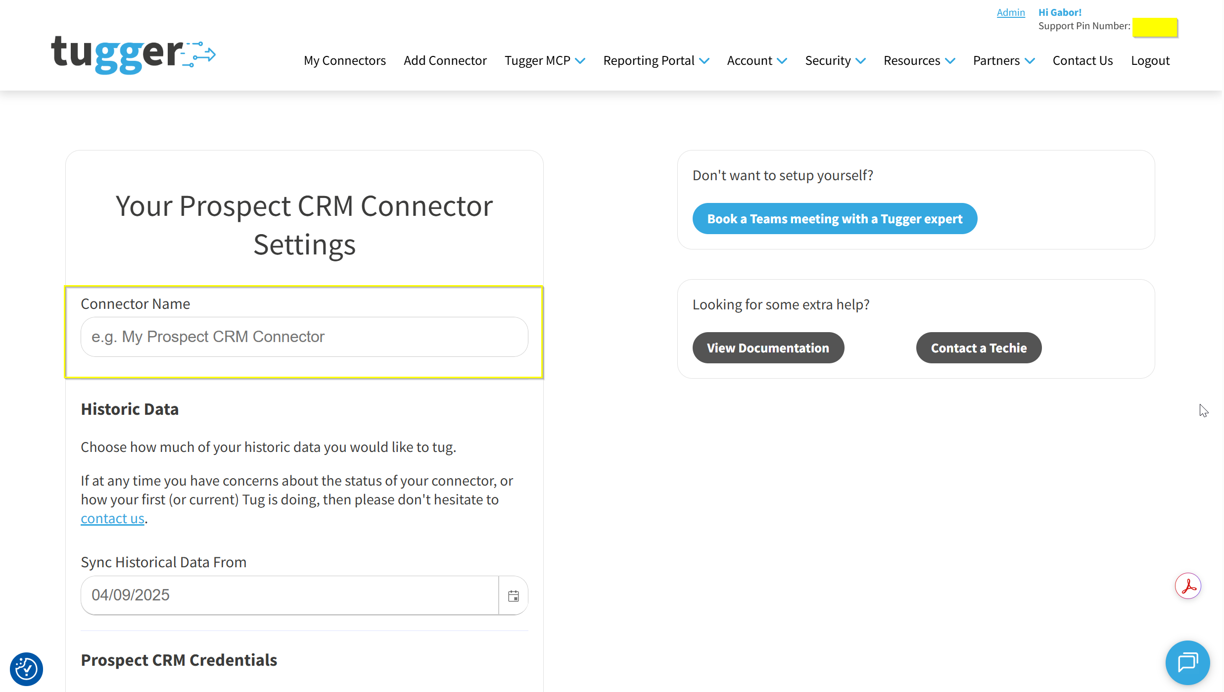 Screenshot: Prospect CRM connector settings showing the Connector Name and Sync Historical Data From fields